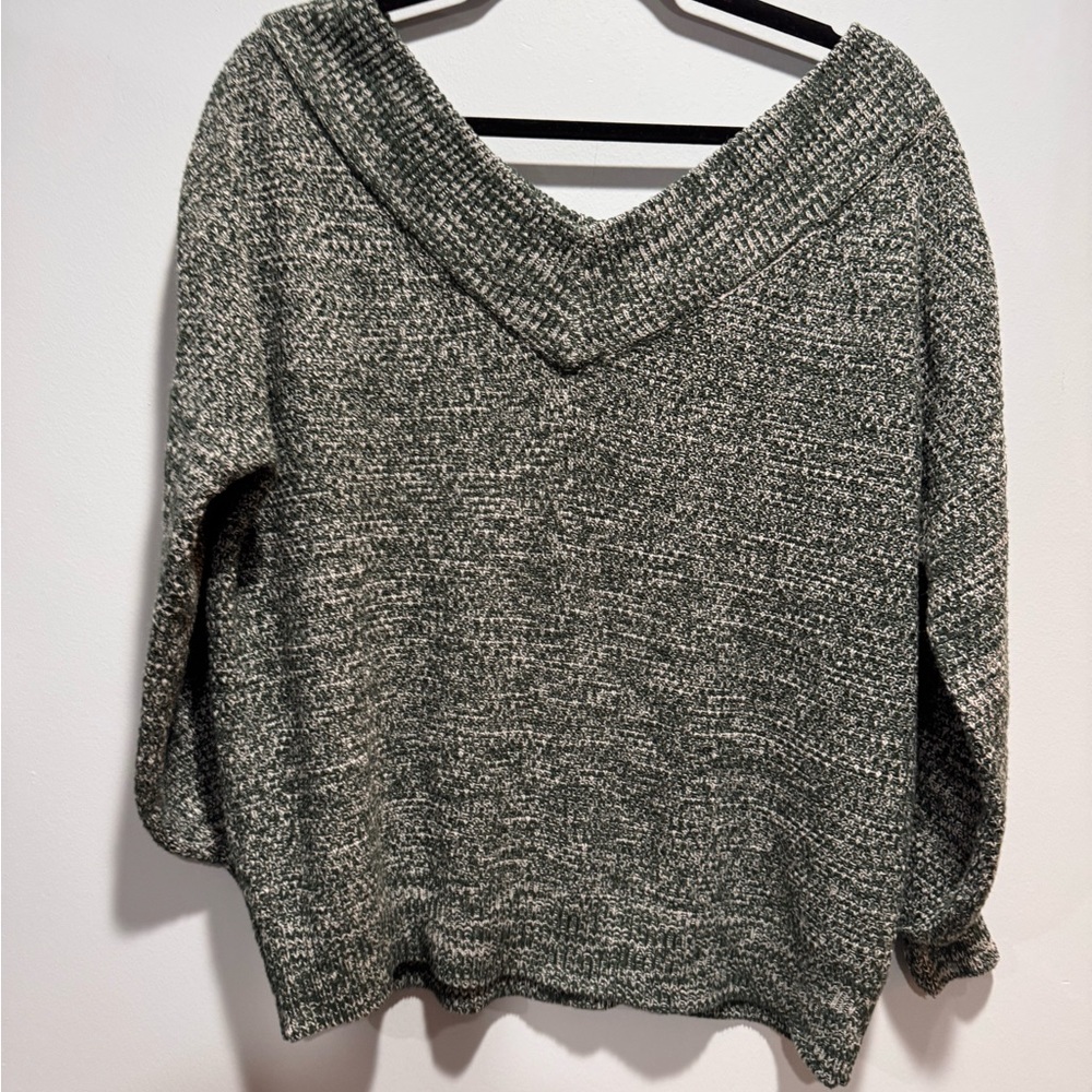 Zenana Outfitters V-Neck Off Shoulder Sweater in Forest Green